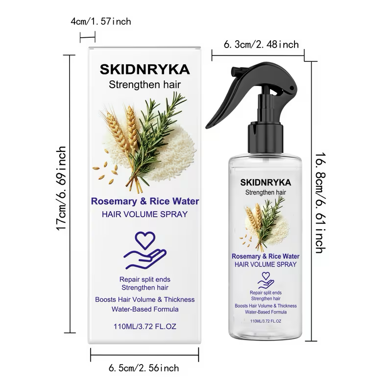Rosemary Mist Hair Spray with Rice Water bottle and carton with size details