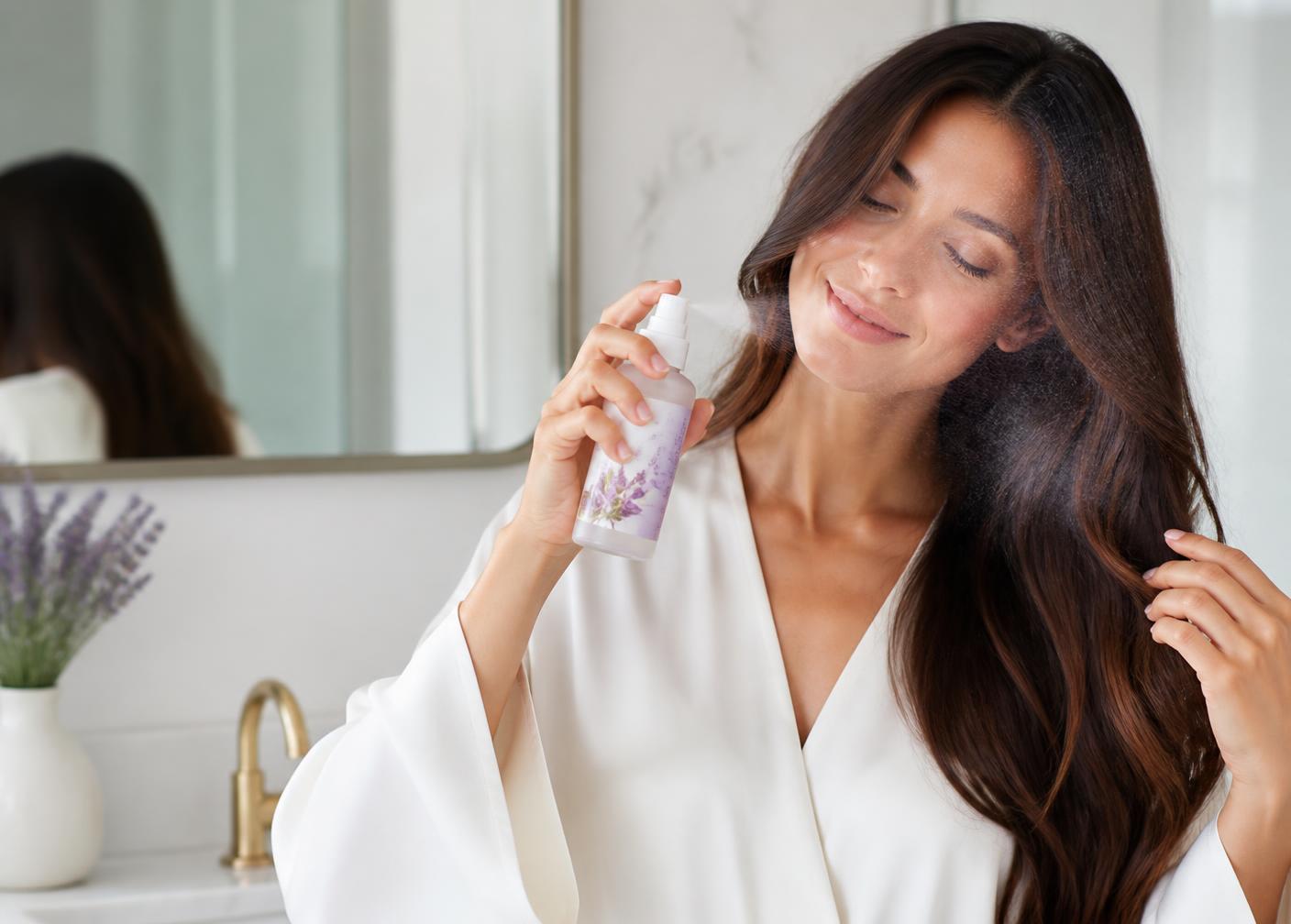 Woman misting Rosemary Mist hair spray through her hair